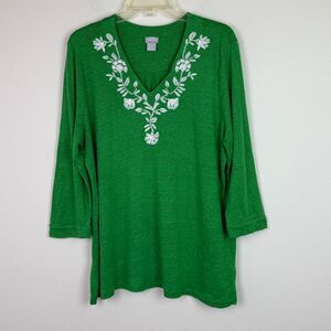 Chico's Women's Green Linen Floral Embroidered Sequin Top V Neck Tunic Size XL